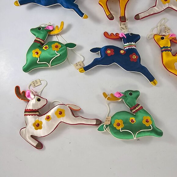 Vintage Chinese Silk Satin Embroidered Reindeer Christmas Ornaments Set Of 8 - Picture 3 of 9